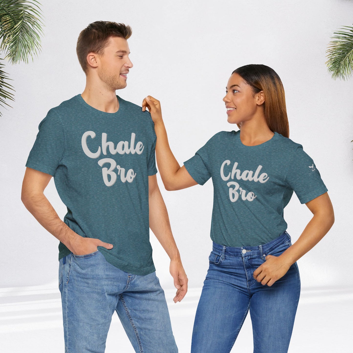 Heather deep teal unisex t-shirt with white "Chale Bro" script, casual fit.