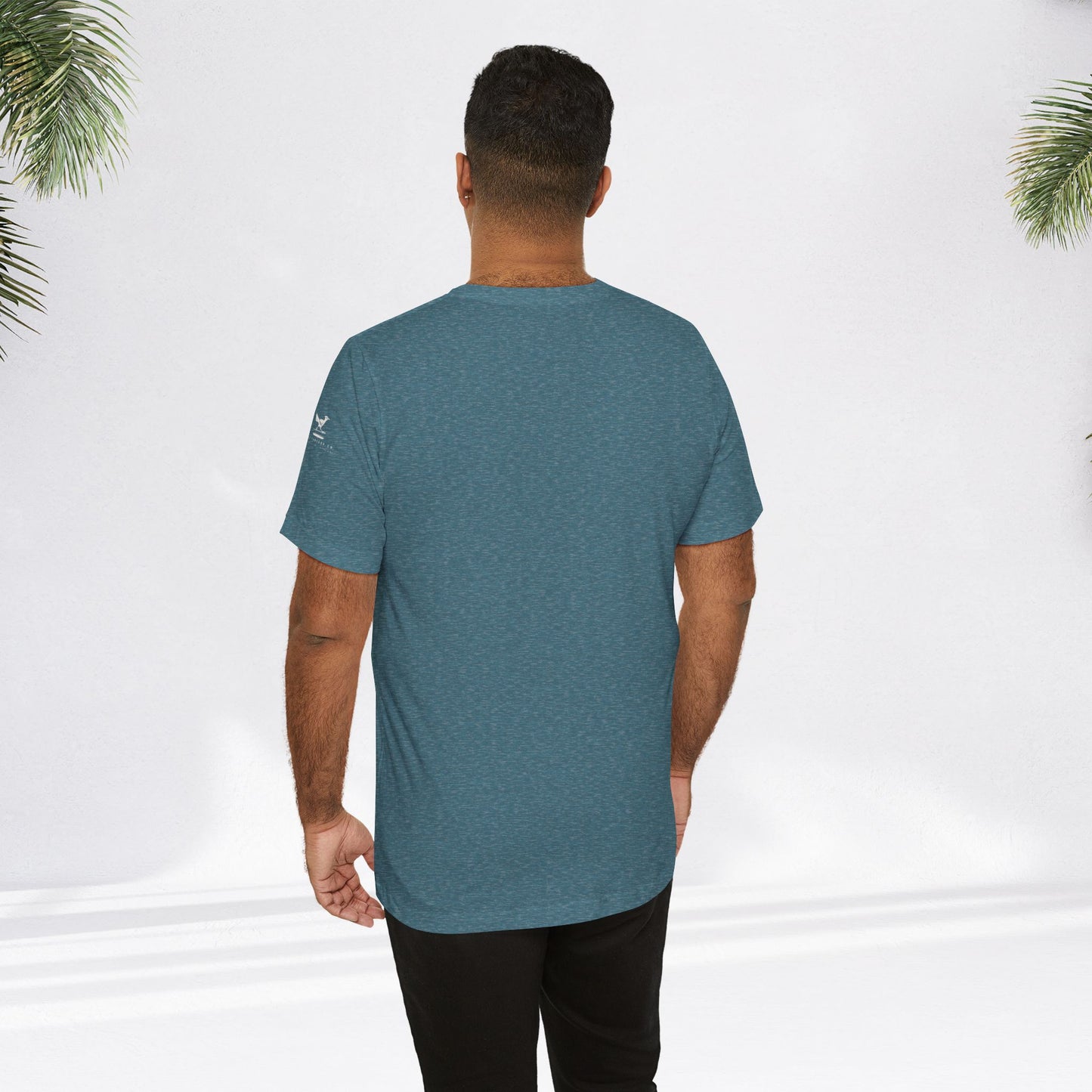 Heather deep teal short-sleeve unisex tee with relaxed fit shown from the back.