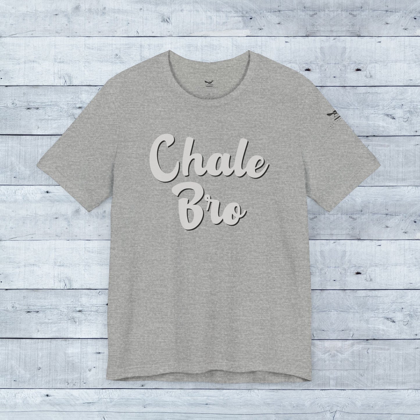 Heather grey tri-blend tee with raised white "Chale Bro" script on front, crew neck, short sleeves.
