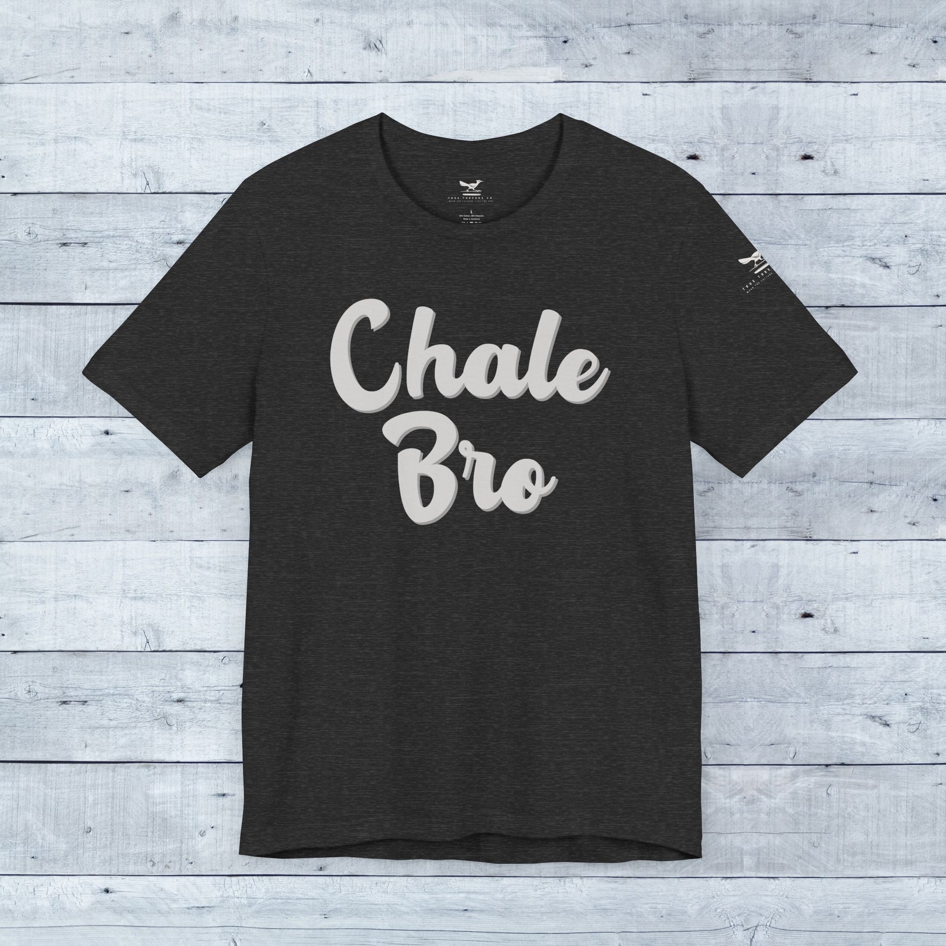 Black heather Tri-Blend tee with "Chale Bro" white script graphic and crew neckline.