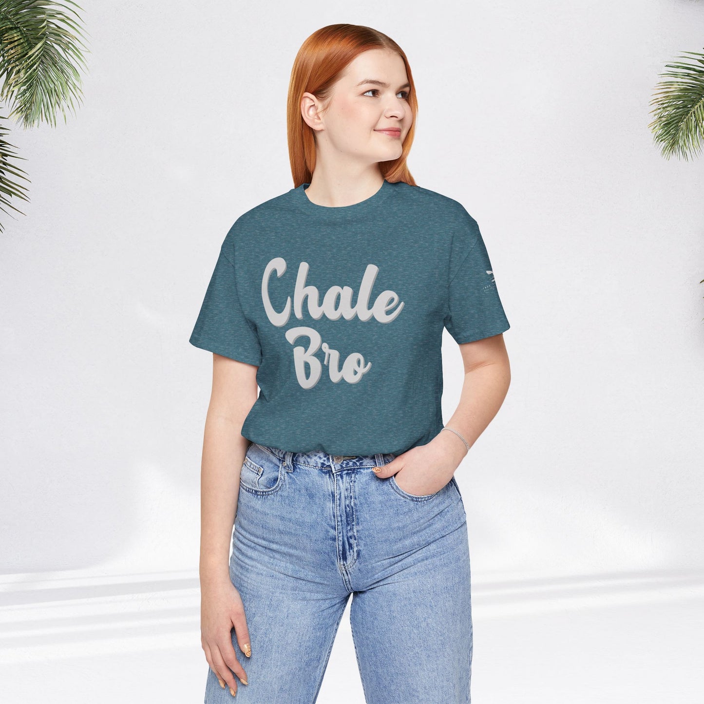 Heather deep teal casual unisex tee with "Chale Bro" white script, relaxed fit, short sleeves.