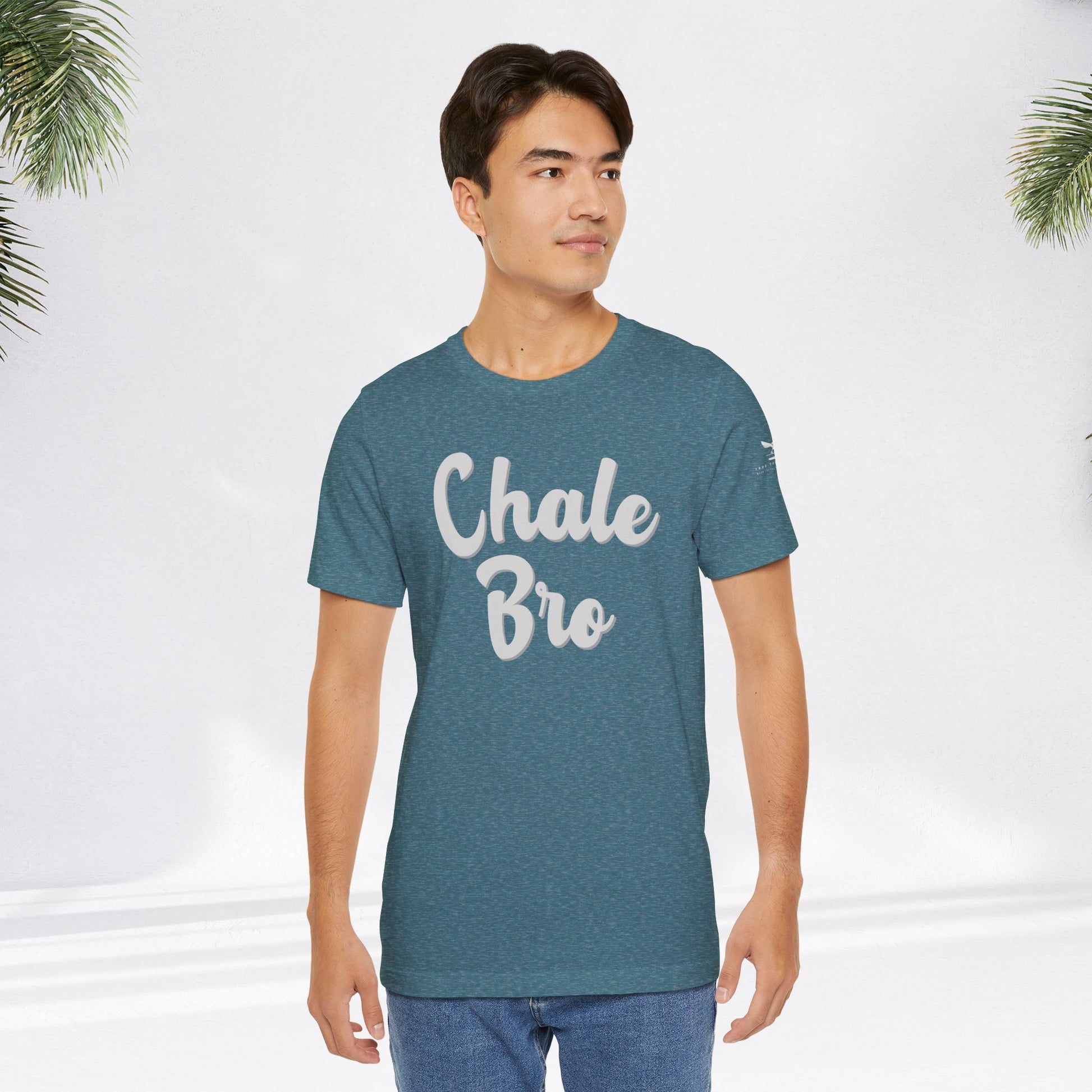 Heather deep teal unisex t-shirt with "Chale Bro" white script, relaxed fit, crew neck.