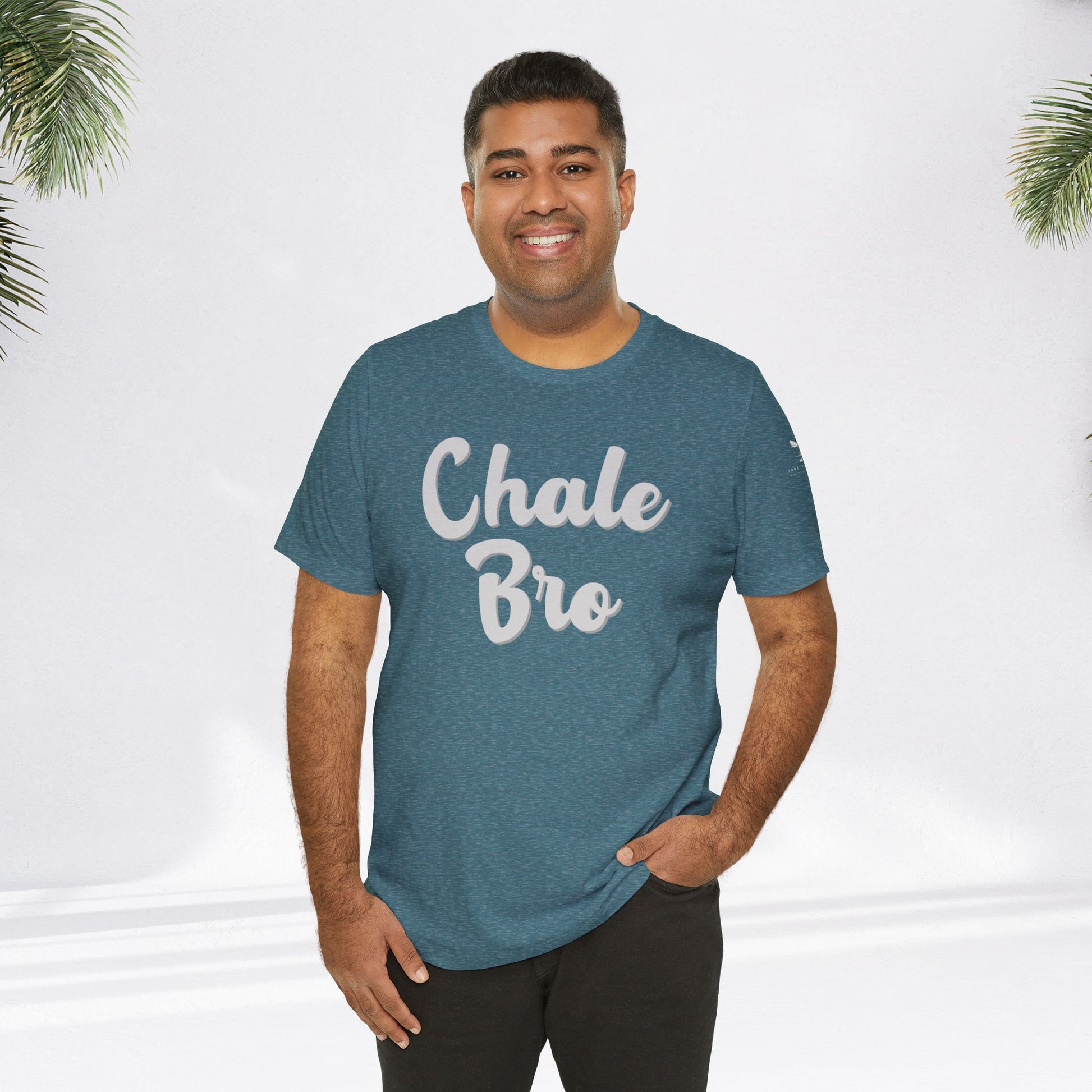 Heather deep teal short-sleeve tee with "Chale Bro" white script, relaxed fit.