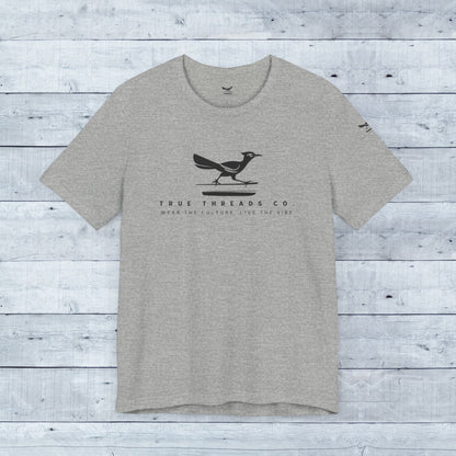 True Threads Classic Tee: Grey t-shirt featuring a bird design, crafted with ultra-soft tri-blend fabric for comfort and a relaxed unisex fit.