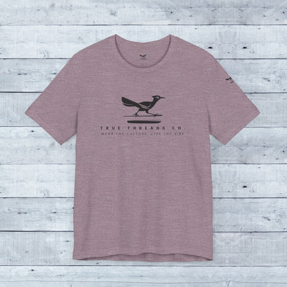 True Threads Classic Tee featuring a bird design, showcasing a relaxed unisex fit and ribbed collar, crafted from ultra-soft, breathable tri-blend fabric.